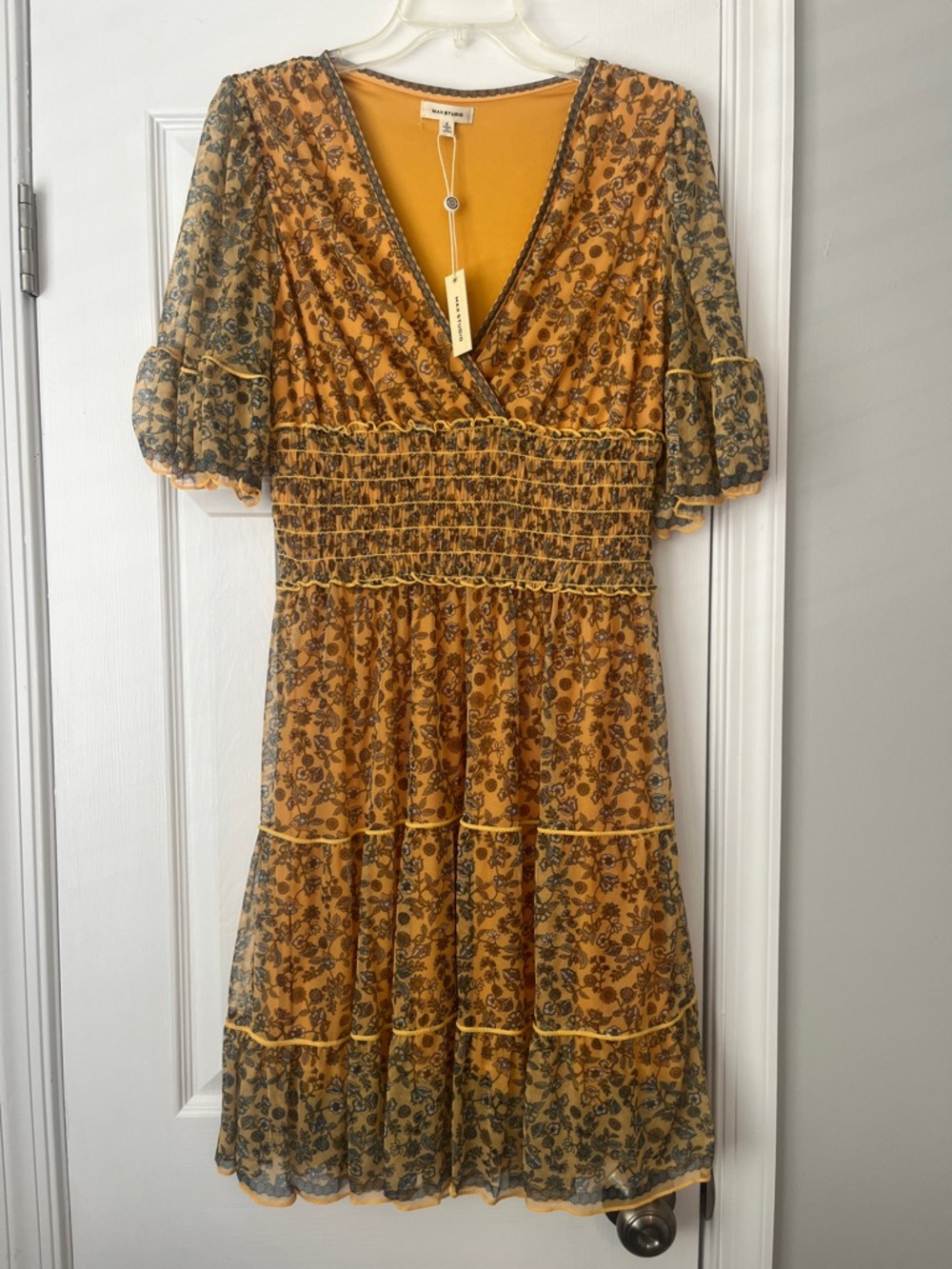 Max Studio Mustard Yellow Floral Midi Dress with Smocked Waist